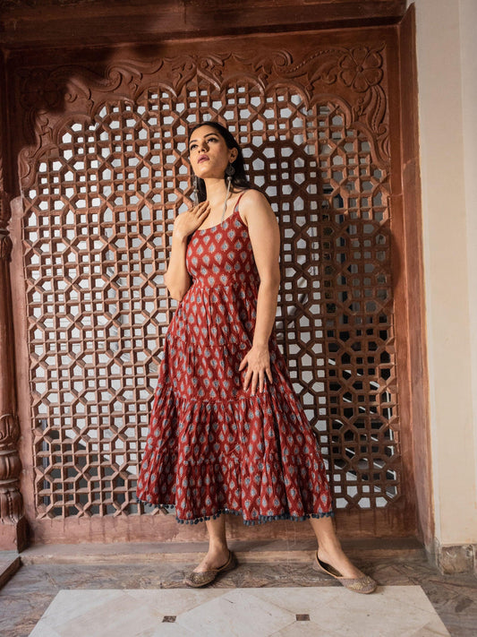  Maroon Buti Printed Shoulder Strip Long dress - world.com