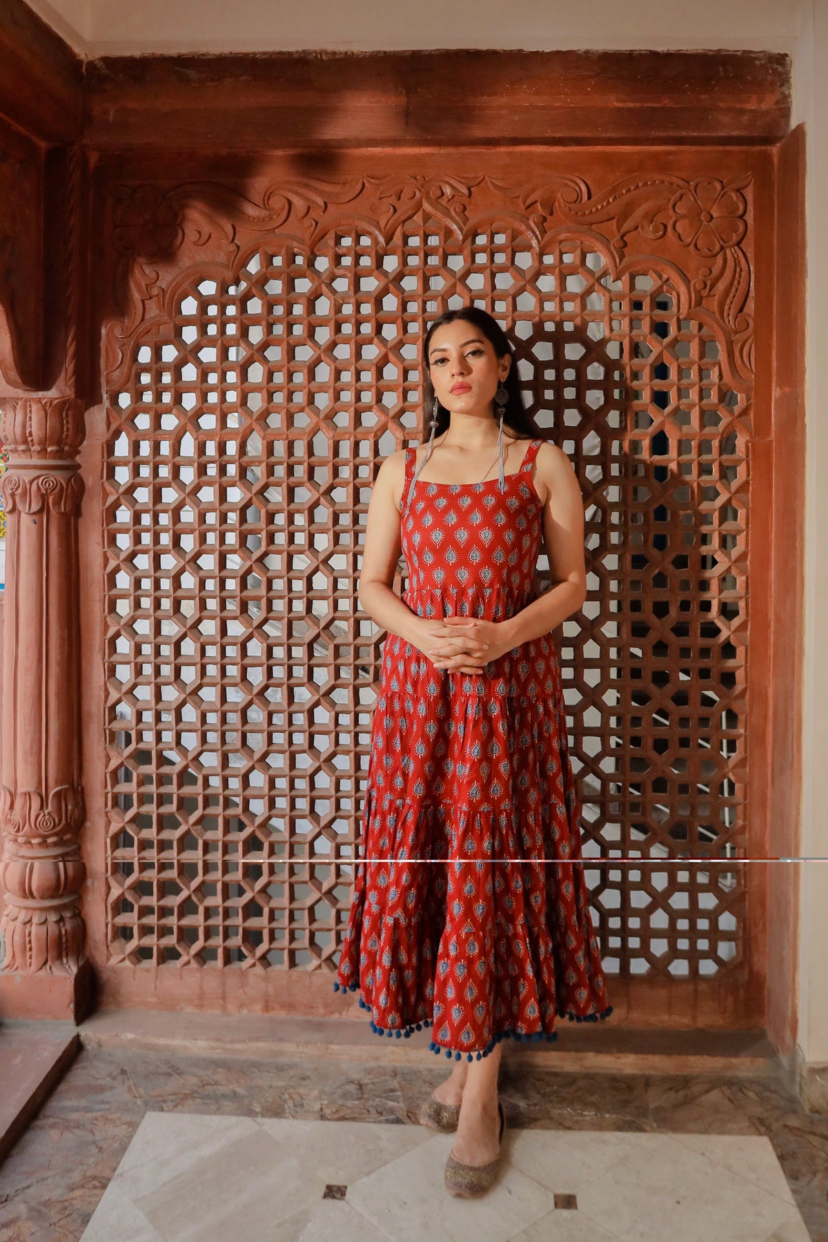 Maroon Buti Printed Shoulder Strip Long dress