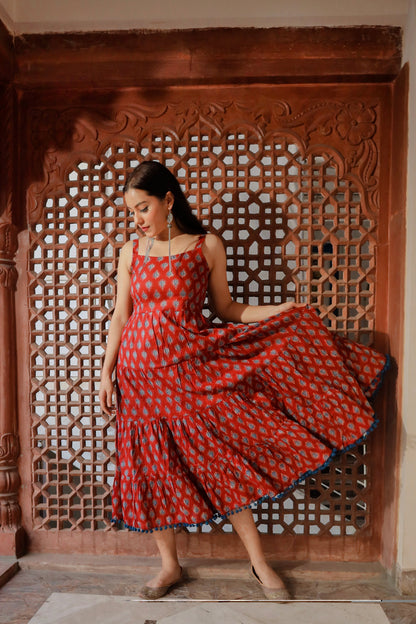 Maroon Buti Printed Shoulder Strip Long dress