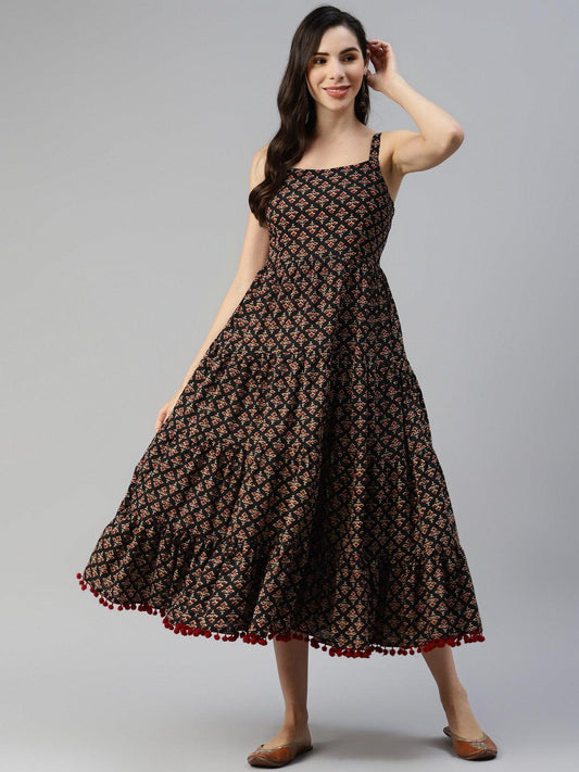  Black Floral Printed Shoulder Strip Long dress -  world