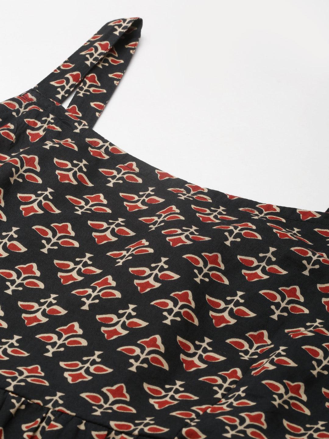  Black Floral Printed Shoulder Strip Long dress -  world