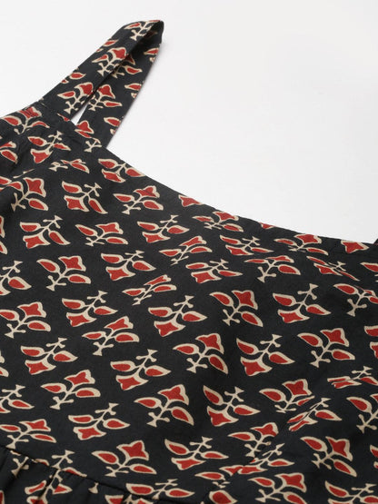  Black Floral Printed Shoulder Strip Long dress -  world