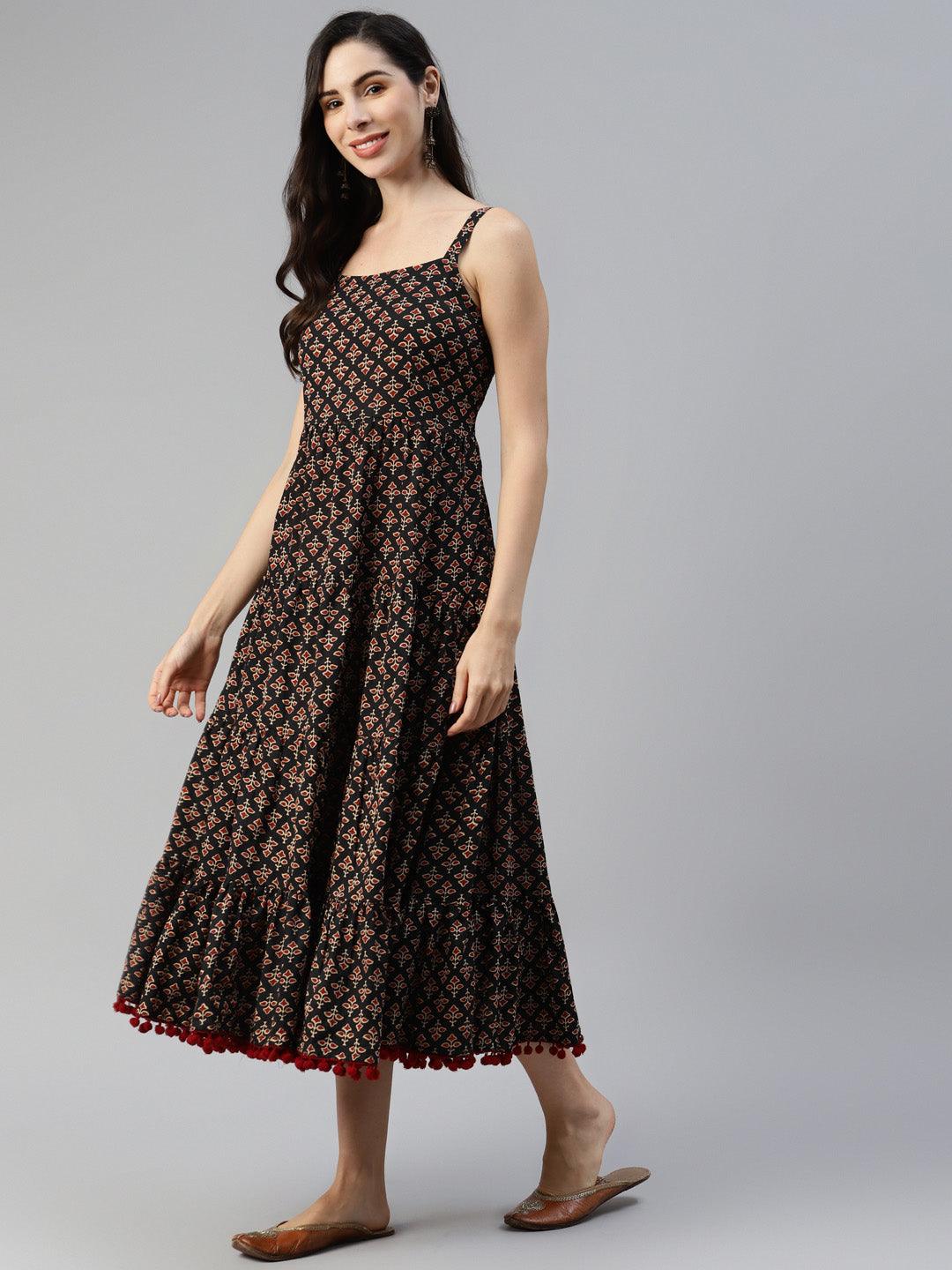  Black Floral Printed Shoulder Strip Long dress -  world
