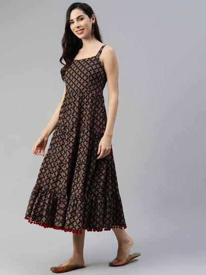  Black Floral Printed Shoulder Strip Long dress -  world