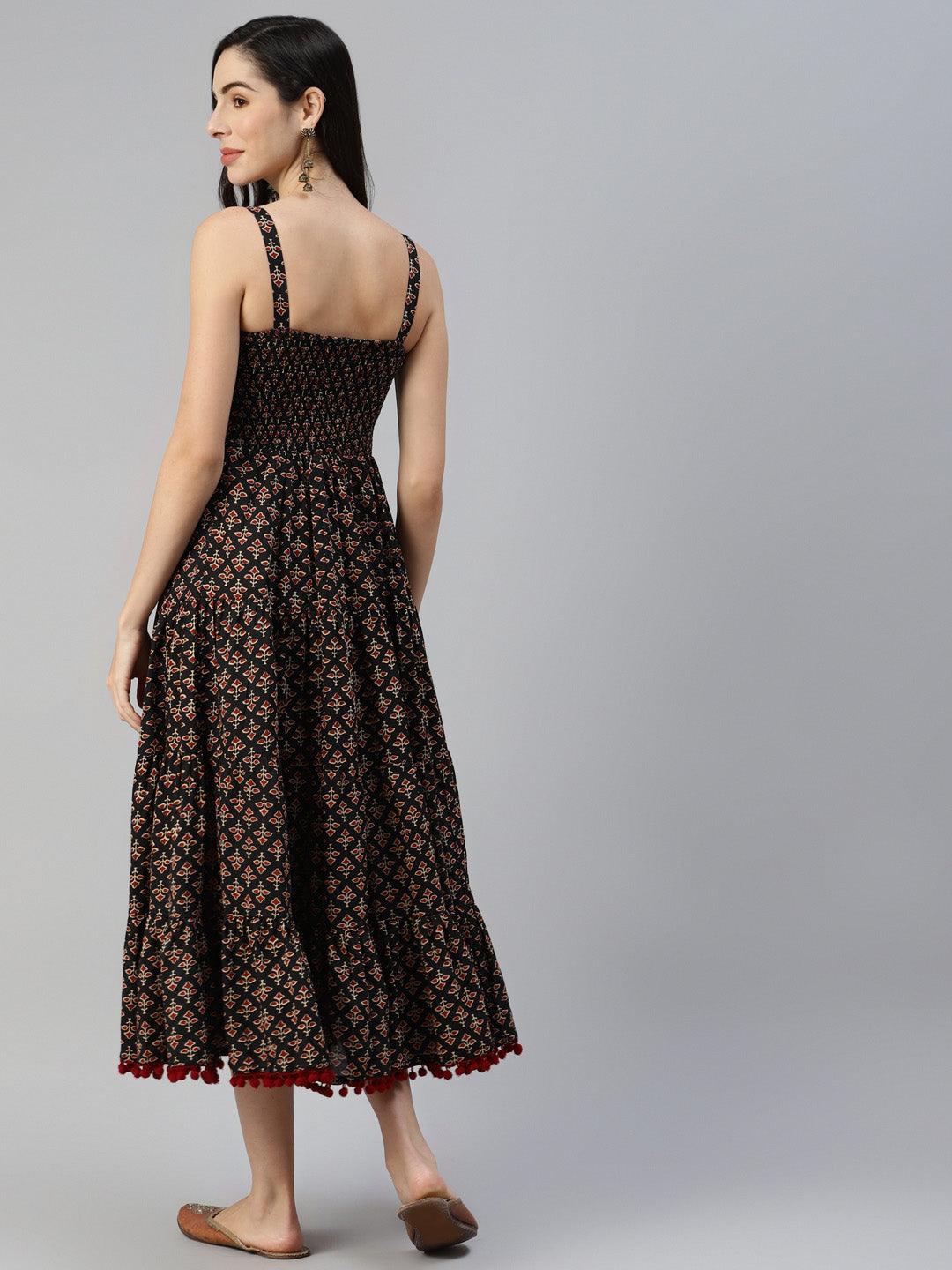  Black Floral Printed Shoulder Strip Long dress -  world