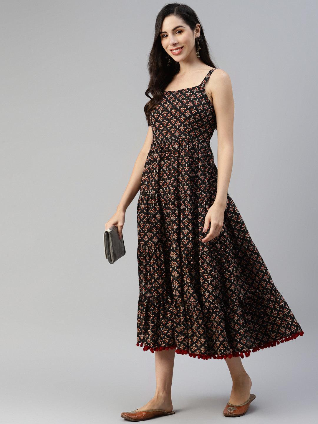  Black Floral Printed Shoulder Strip Long dress -  world