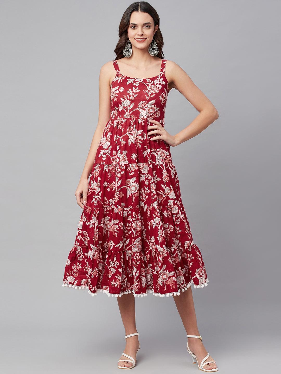  Red Floral Printed Shoulder Strap Long dress -  world