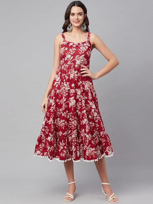  Red Floral Printed Shoulder Strap Long dress -  world