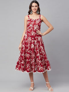 Red Floral Printed Shoulder Strap Long dress