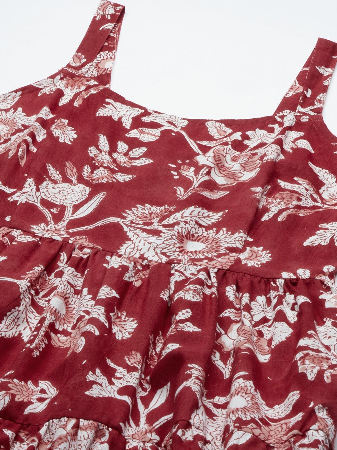  Red Floral Printed Shoulder Strap Long dress -  world