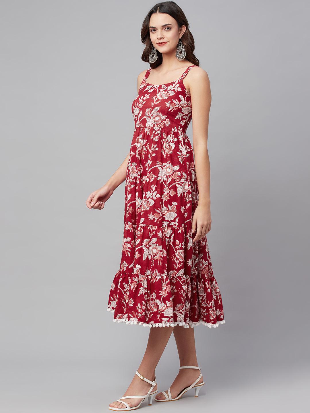  Red Floral Printed Shoulder Strap Long dress -  world