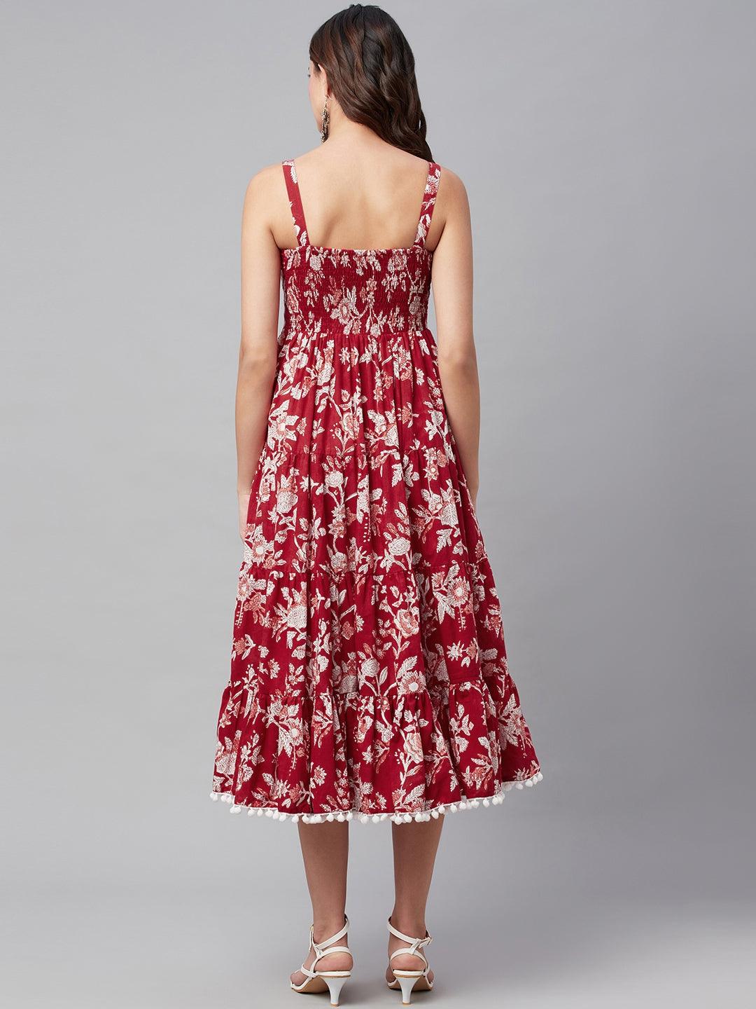  Red Floral Printed Shoulder Strap Long dress -  world