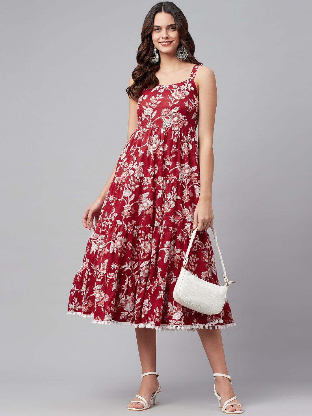  Red Floral Printed Shoulder Strap Long dress -  world
