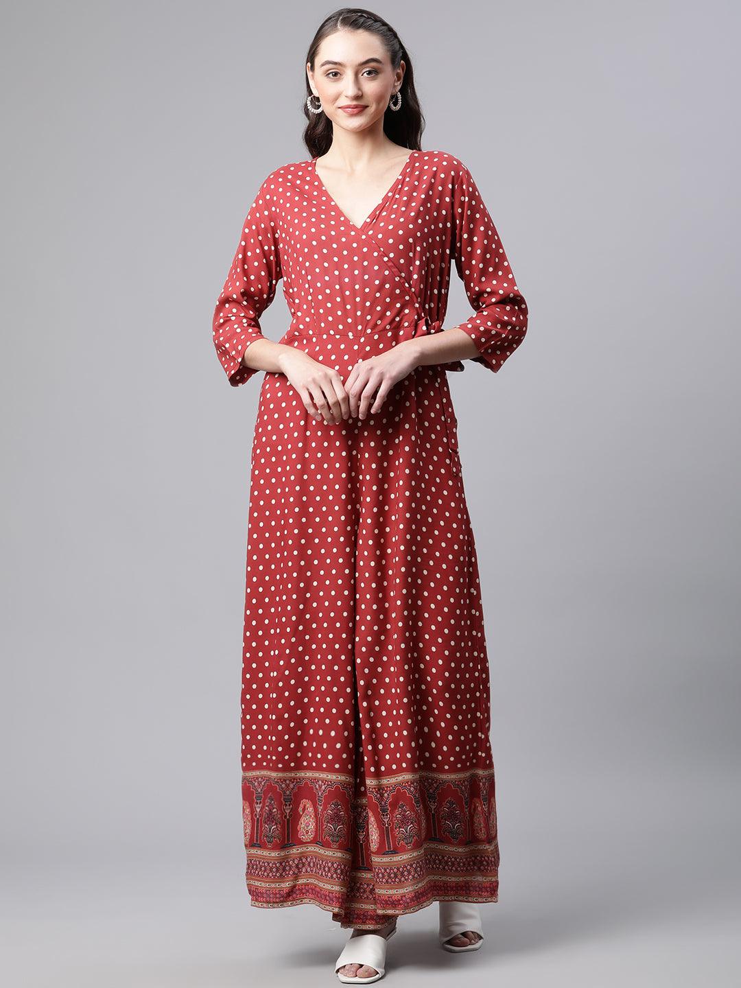  Maroon Polka Dots Printed Jumpsuit -  world