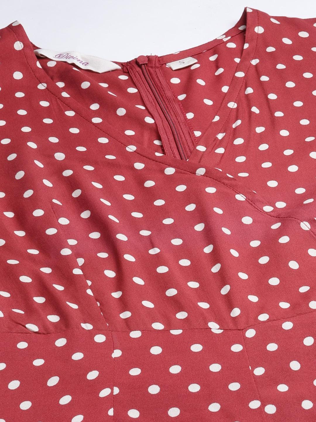  Maroon Polka Dots Printed Jumpsuit -  world