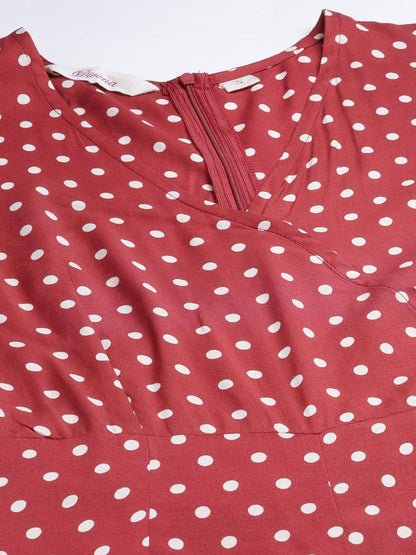  Maroon Polka Dots Printed Jumpsuit -  world