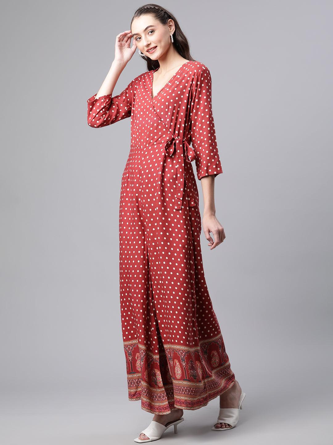  Maroon Polka Dots Printed Jumpsuit -  world