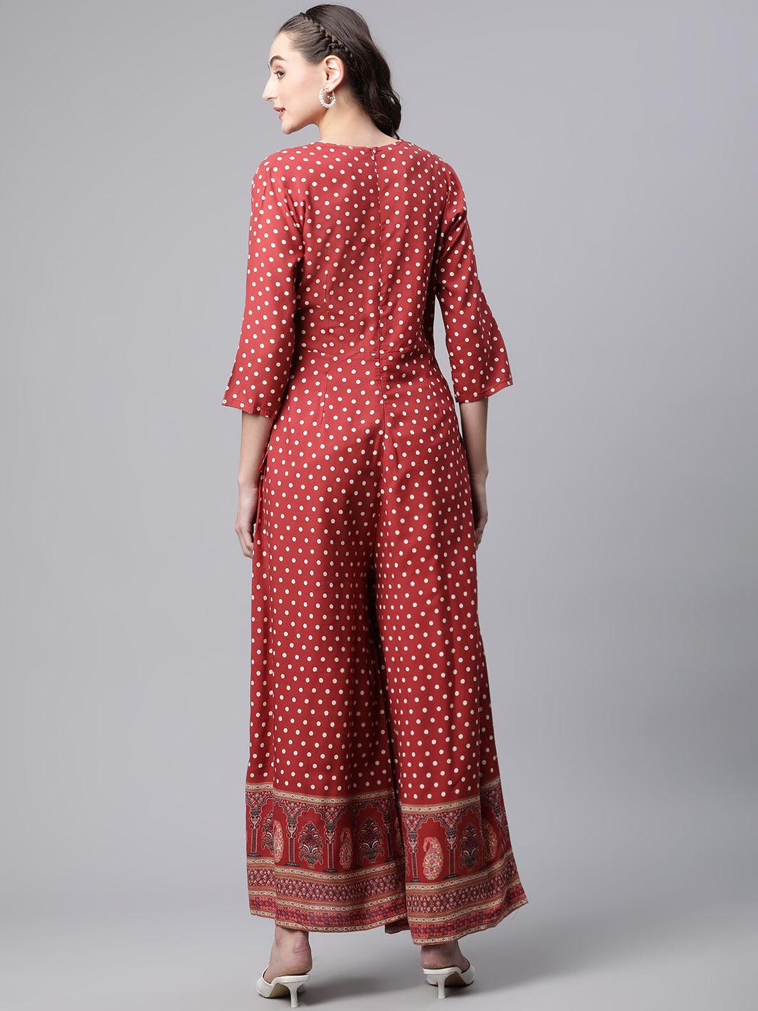 Maroon Polka Dots Printed Jumpsuit -  world