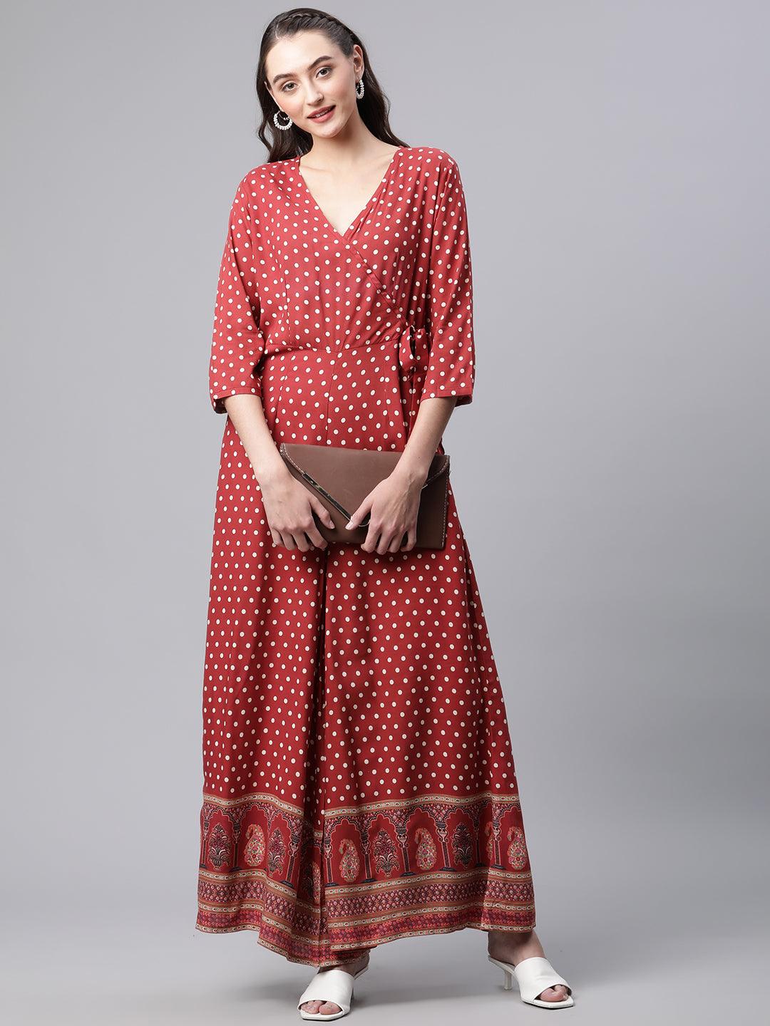  Maroon Polka Dots Printed Jumpsuit -  world