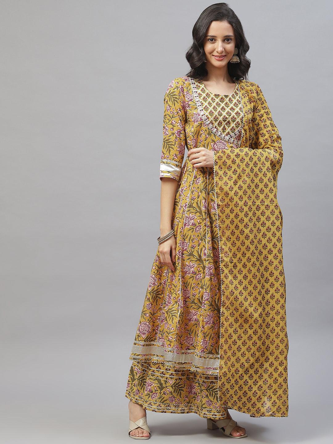  Mustard Cotton Anarkali Kurta Palazzo Set With Dupatta -  world