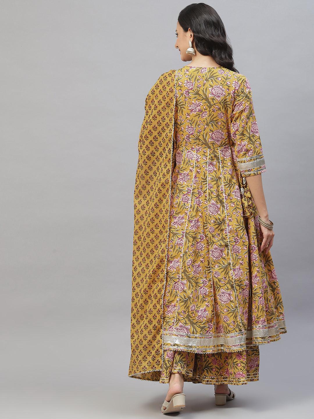  Mustard Cotton Anarkali Kurta Palazzo Set With Dupatta -  world