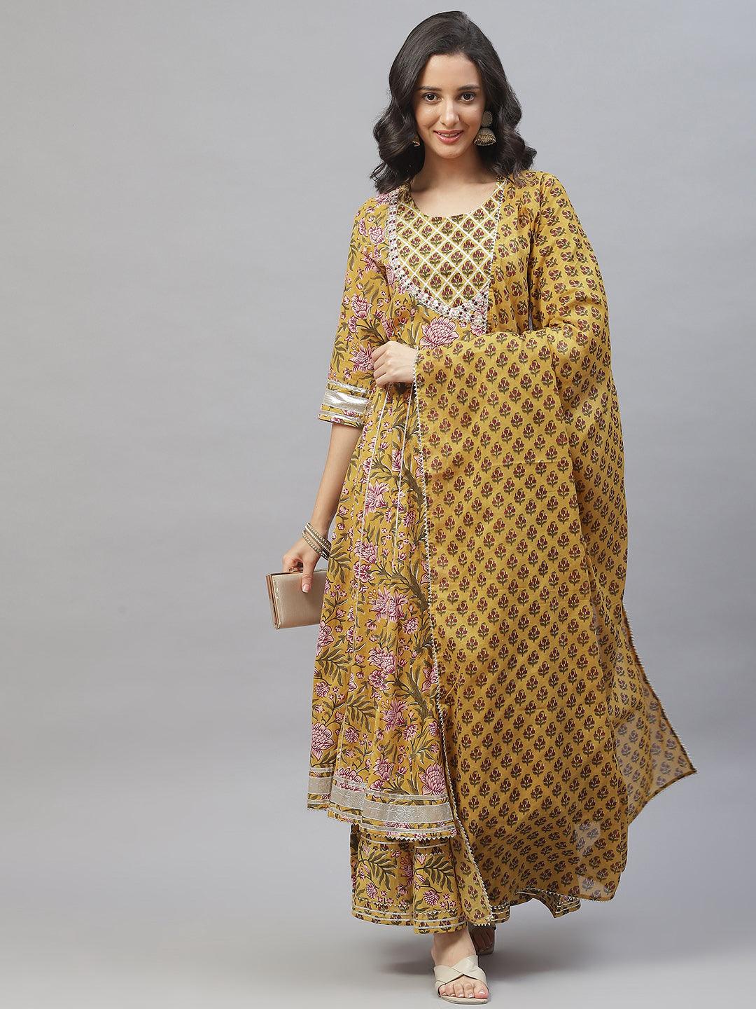  Mustard Cotton Anarkali Kurta Palazzo Set With Dupatta -  world