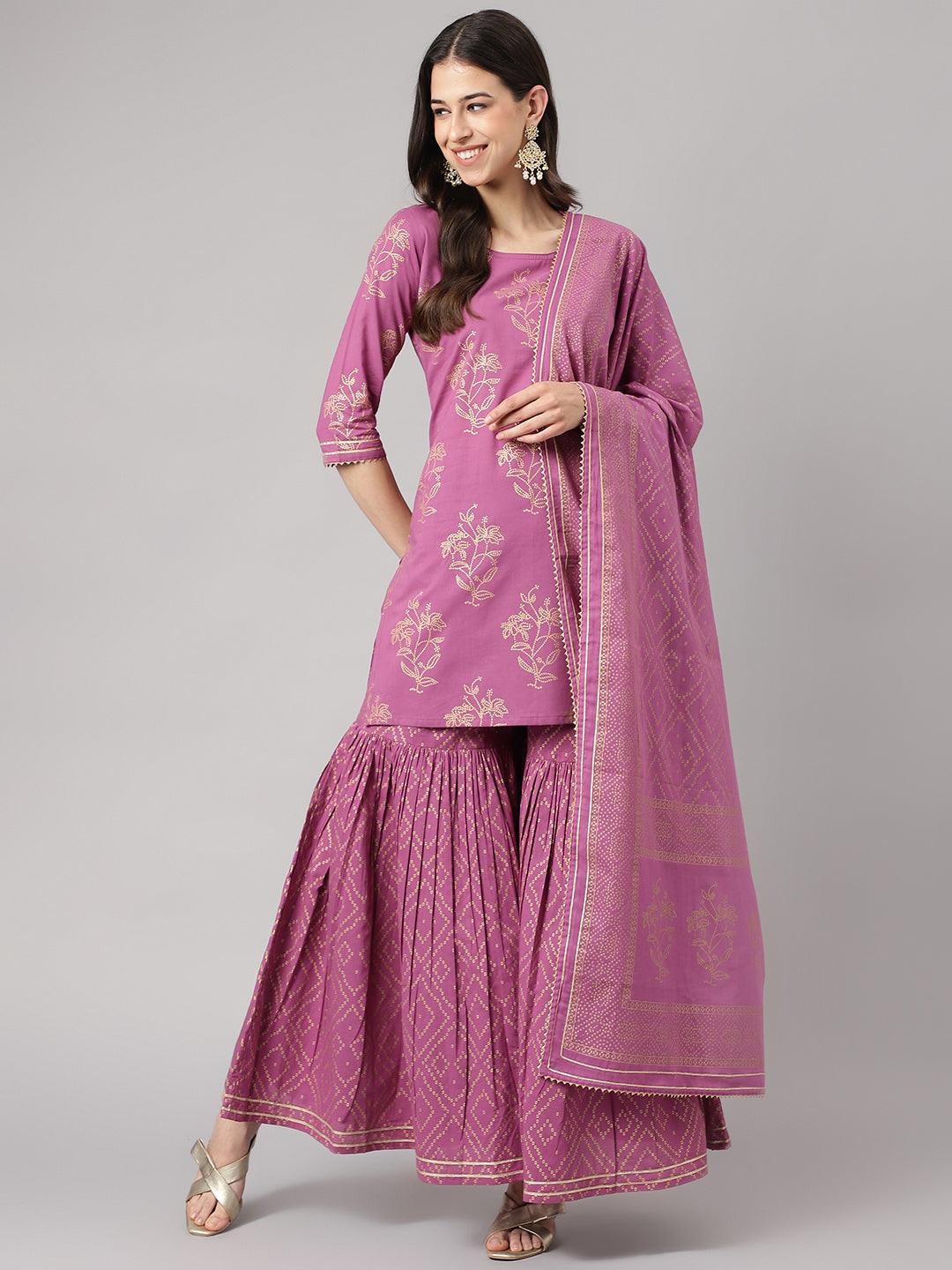  Purple Foil Print Cotton Sharara Set with Dupatta -  world