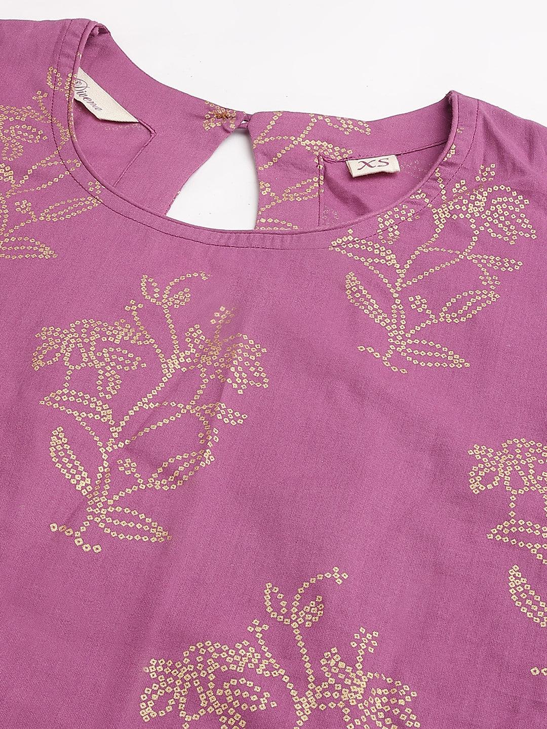  Purple Foil Print Cotton Sharara Set with Dupatta -  world