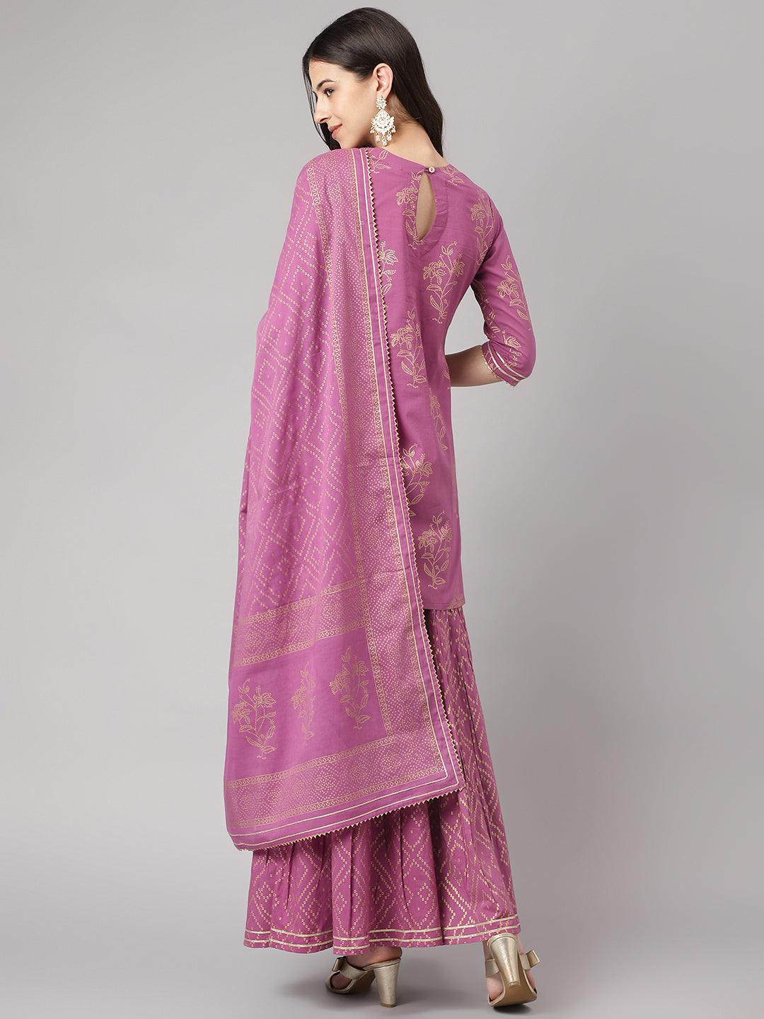  Purple Foil Print Cotton Sharara Set with Dupatta -  world