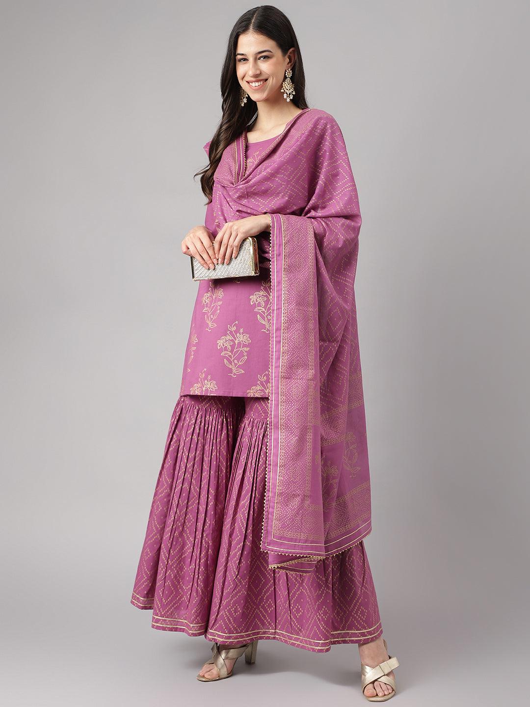  Purple Foil Print Cotton Sharara Set with Dupatta -  world
