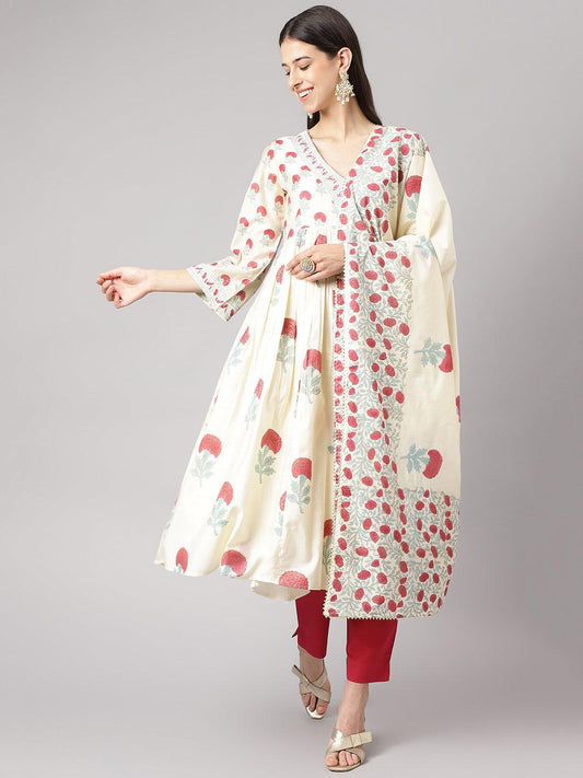  Cream Chanderi Floral Anarkali Kurta Pant Set with Dupatta -  world