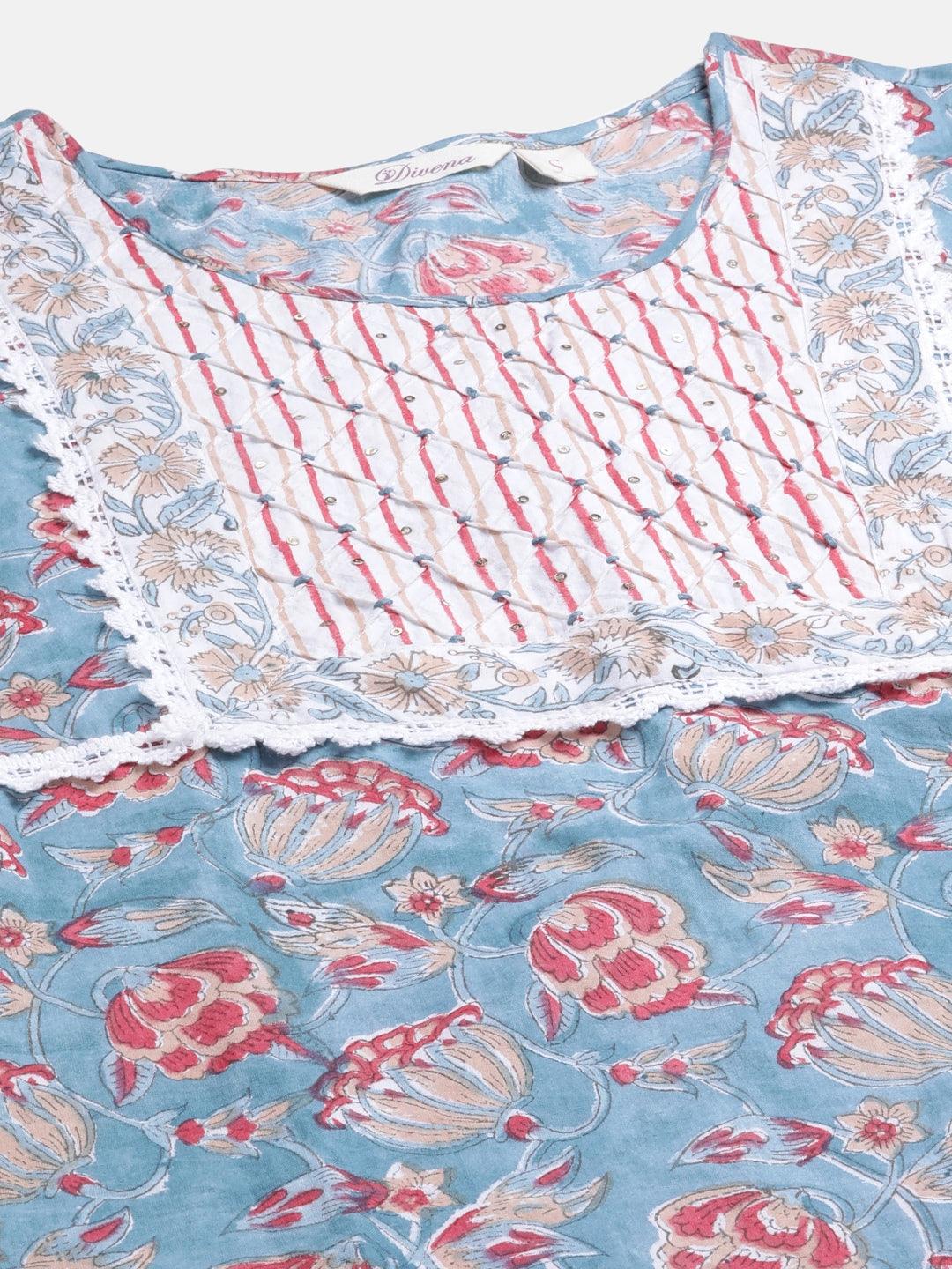  Turquoise Blue Hand Block Printed Kurta Pant Set with Dupatta -  world
