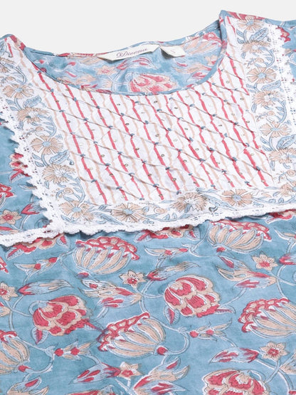  Turquoise Blue Hand Block Printed Kurta Pant Set with Dupatta -  world