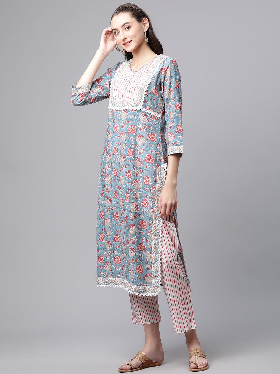  Turquoise Blue Hand Block Printed Kurta Pant Set with Dupatta -  world