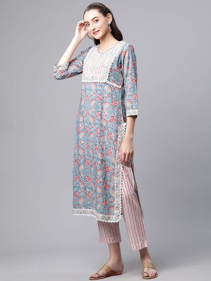  Turquoise Blue Hand Block Printed Kurta Pant Set with Dupatta -  world
