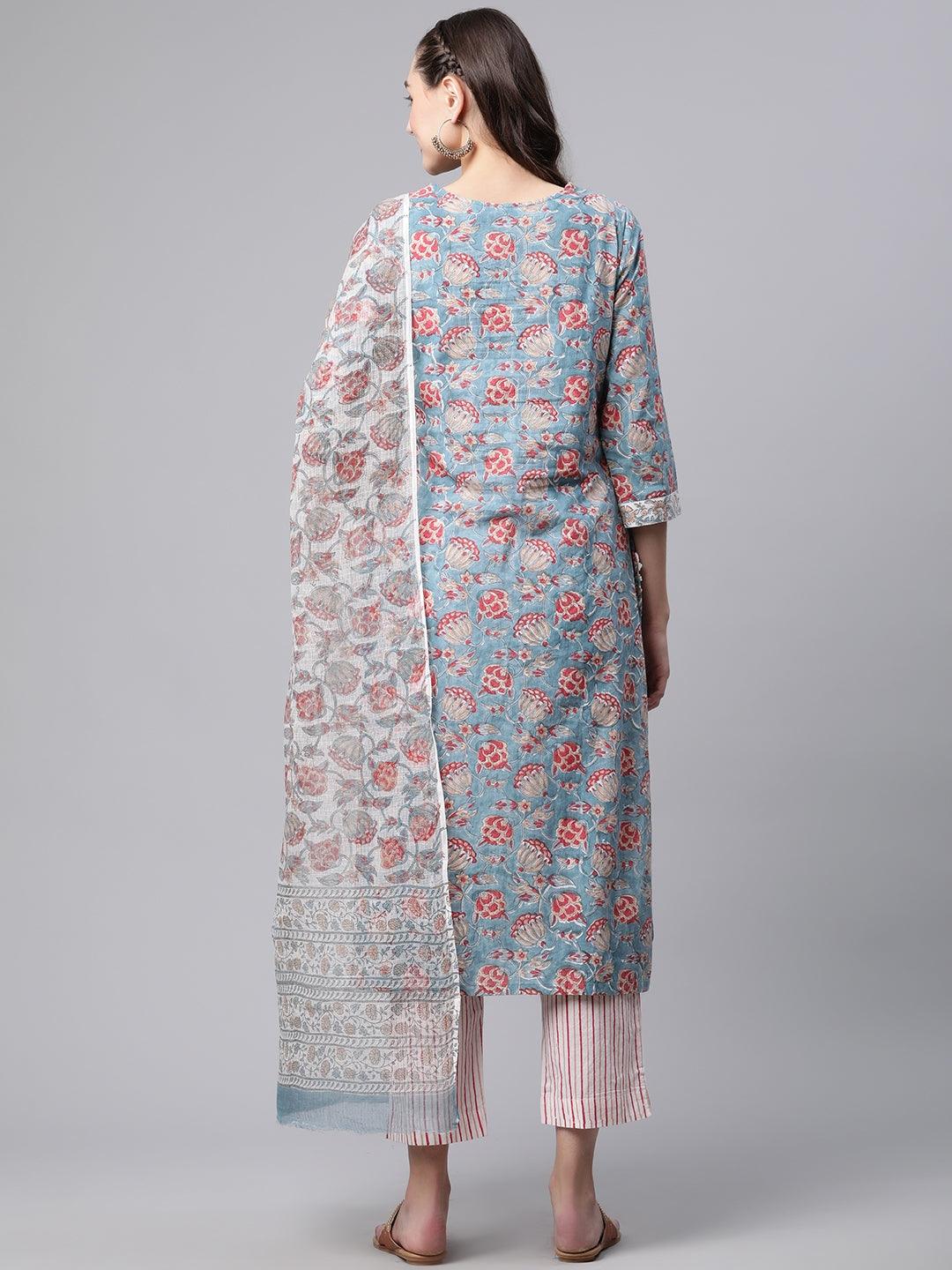  Turquoise Blue Hand Block Printed Kurta Pant Set with Dupatta -  world
