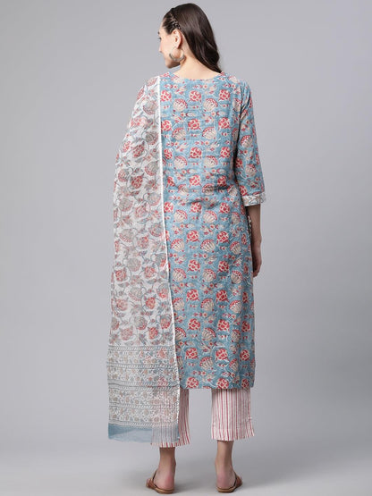  Turquoise Blue Hand Block Printed Kurta Pant Set with Dupatta -  world