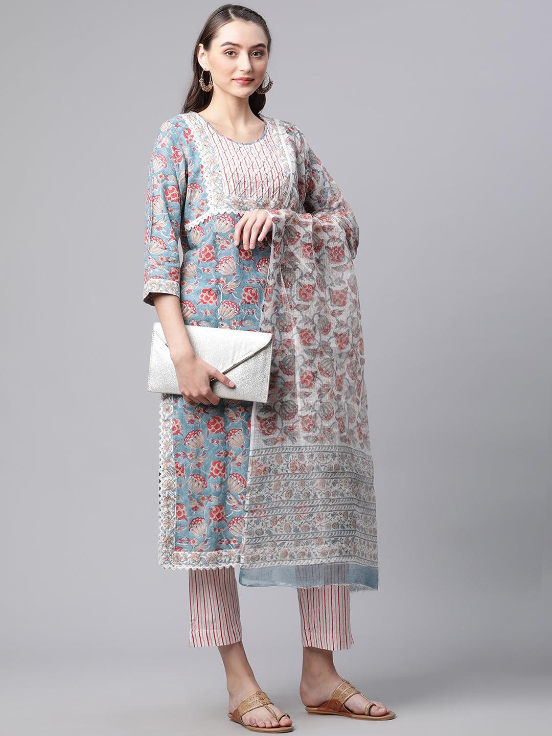  Turquoise Blue Hand Block Printed Kurta Pant Set with Dupatta -  world