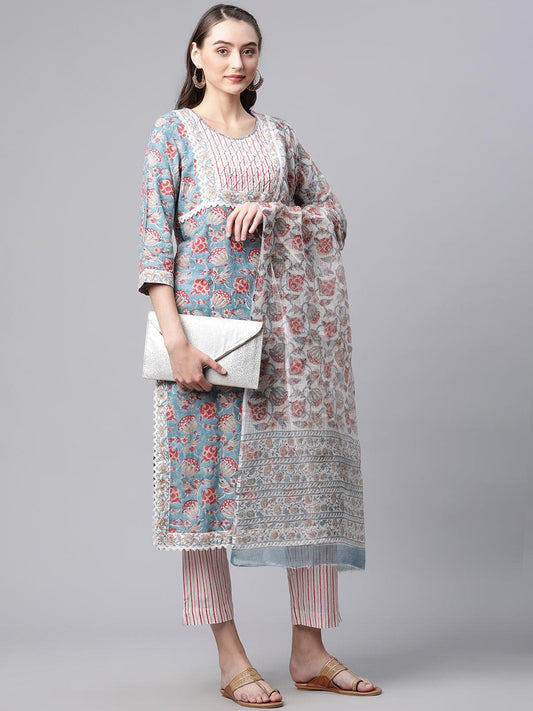  Turquoise Blue Hand Block Printed Kurta Pant Set with Dupatta -  world