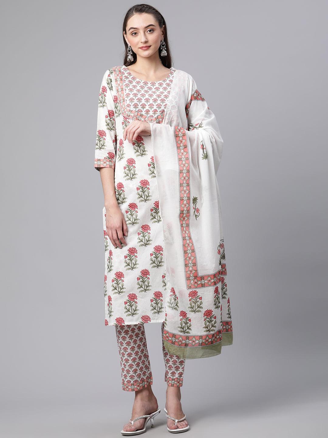  White Floral Kurta pant set with Mulmul Dupatta - world.com