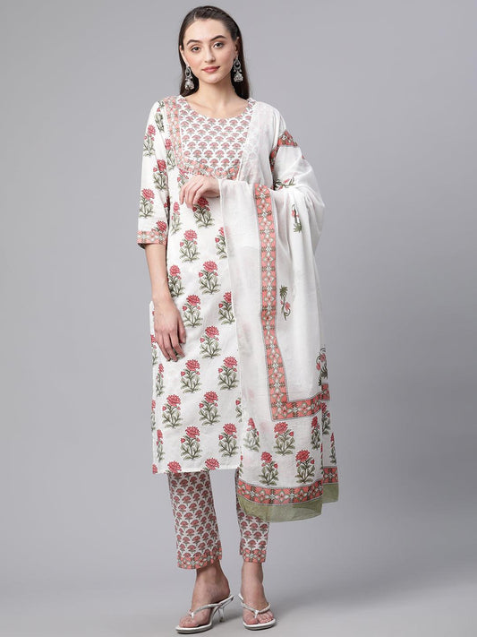  White Floral Kurta pant set with Mulmul Dupatta - world.com