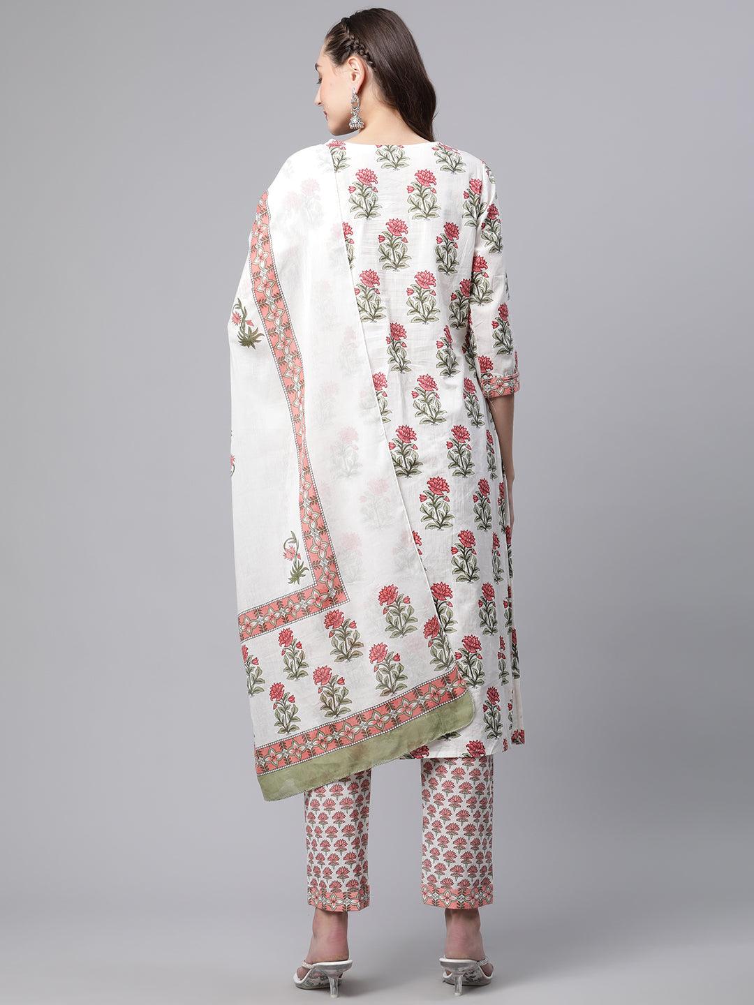  White Floral Kurta pant set with Mulmul Dupatta - world.com