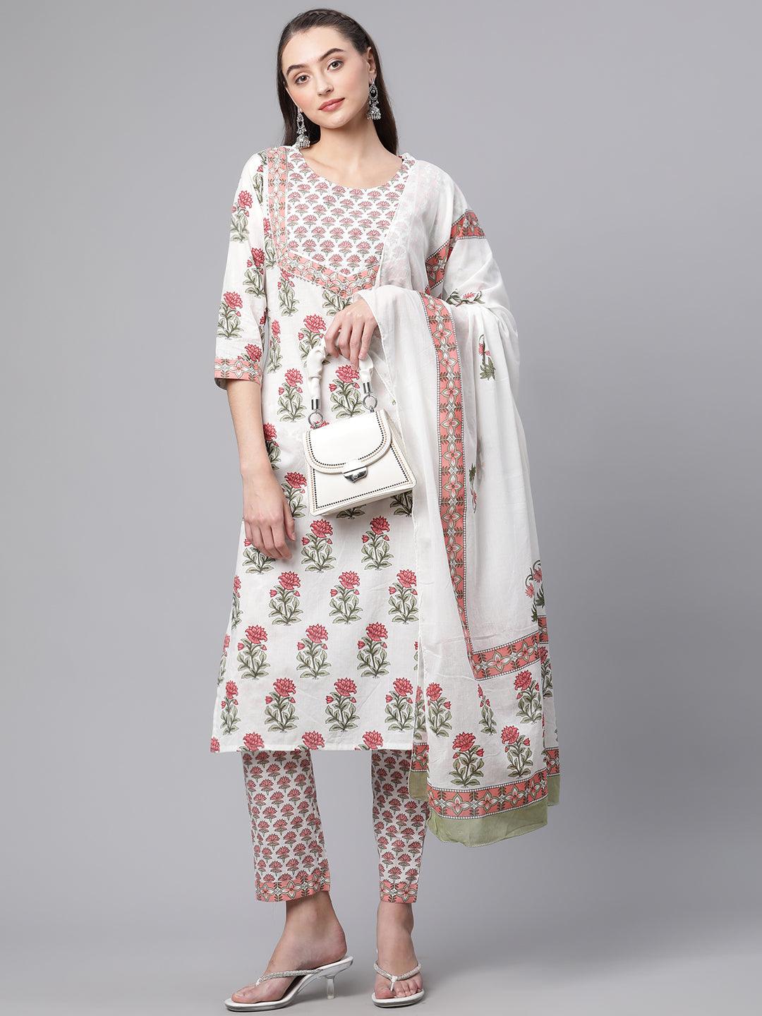  White Floral Kurta pant set with Mulmul Dupatta - world.com