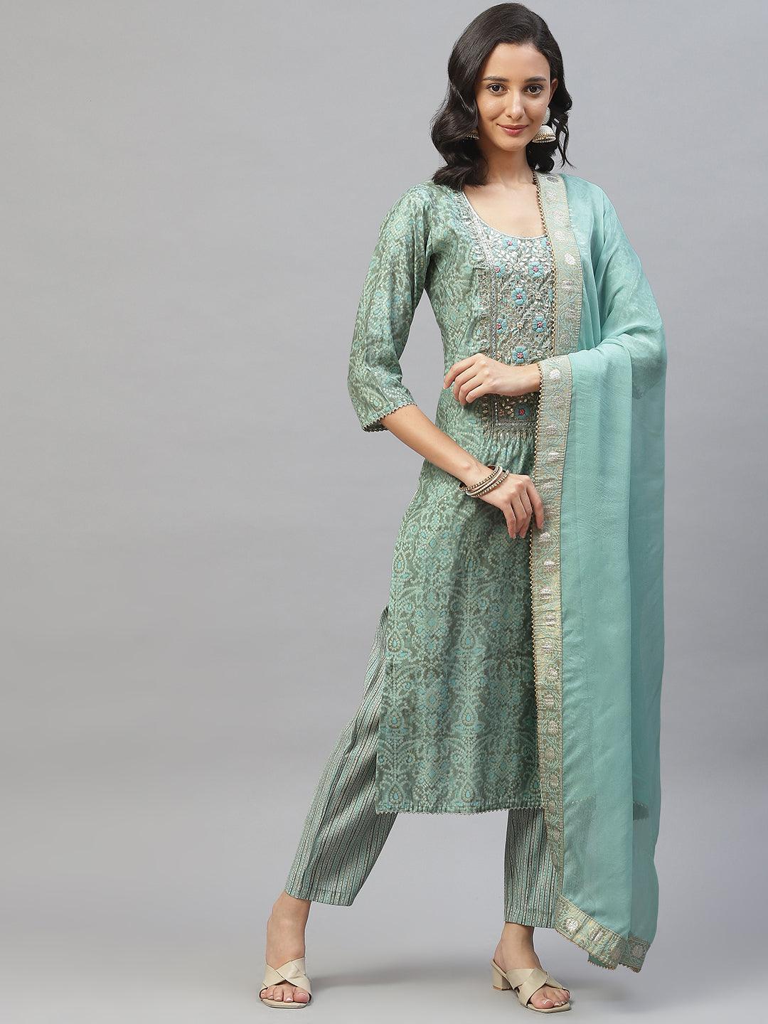  Blue Hand Work Bandhani Printed Muslin Kurta Pant Set with Dupatta -  world