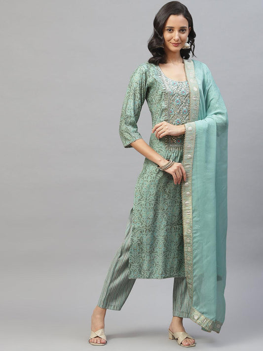  Blue Hand Work Bandhani Printed Muslin Kurta Pant Set with Dupatta -  world