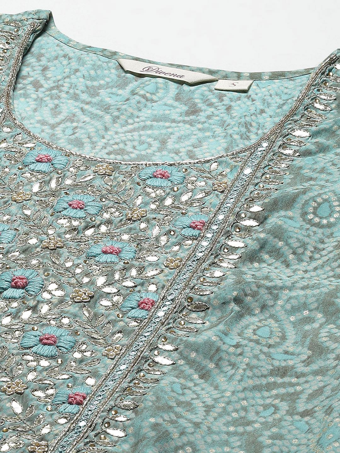  Blue Hand Work Bandhani Printed Muslin Kurta Pant Set with Dupatta -  world