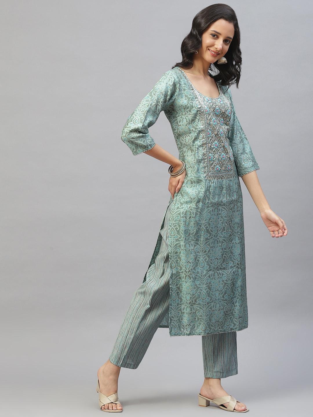 Blue Hand Work Bandhani Printed Muslin Kurta Pant Set with Dupatta -  world
