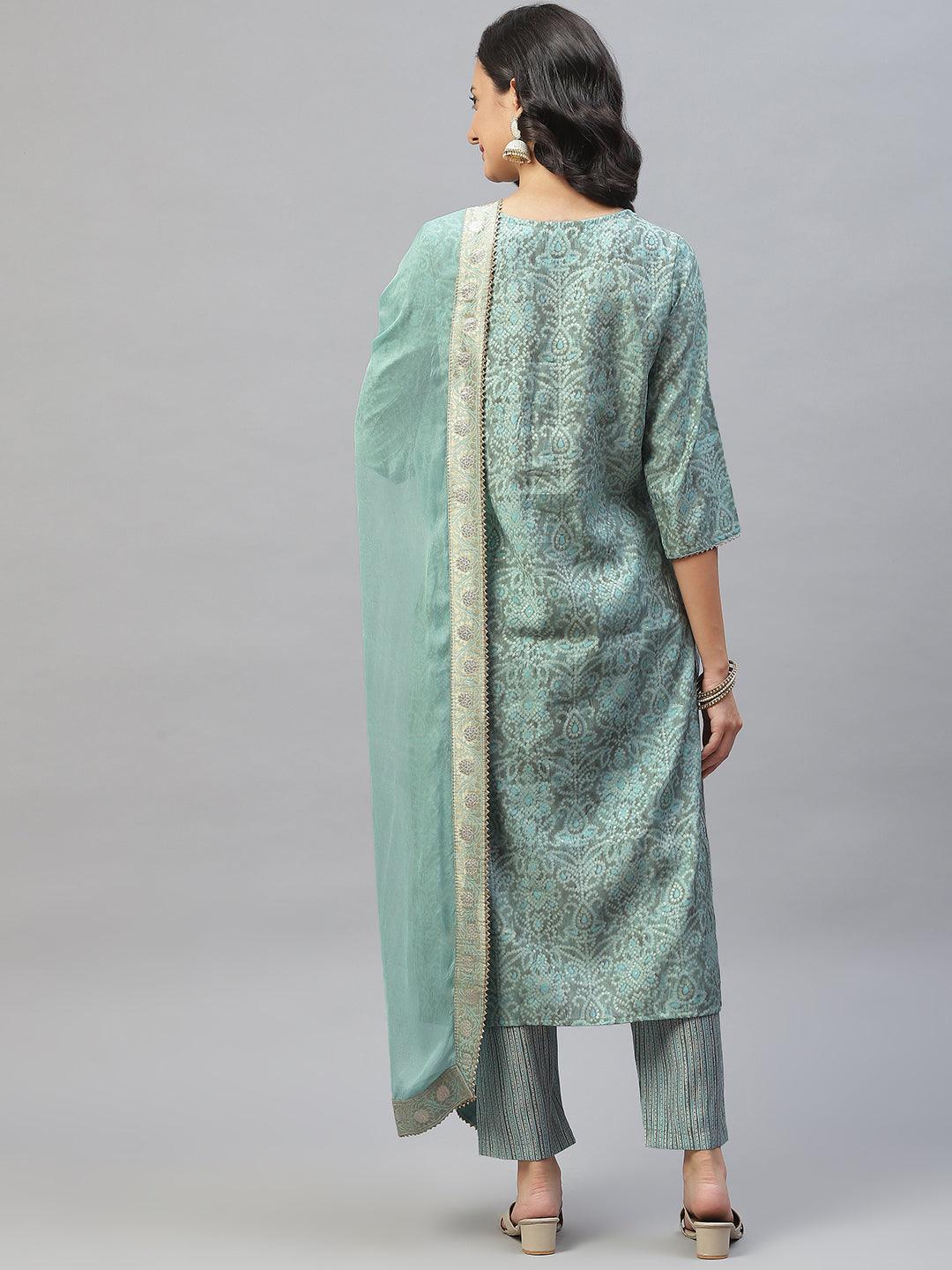  Blue Hand Work Bandhani Printed Muslin Kurta Pant Set with Dupatta -  world