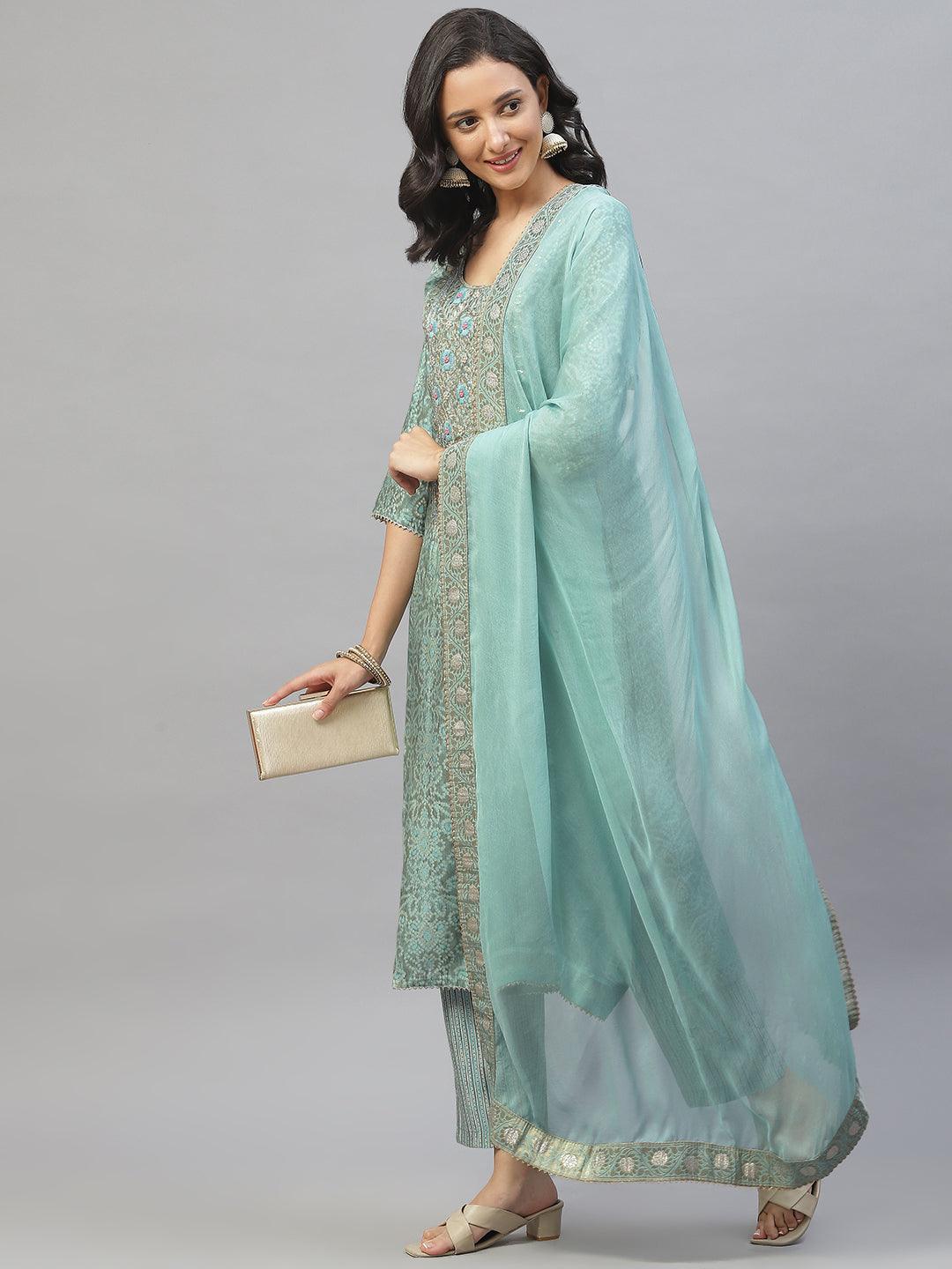  Blue Hand Work Bandhani Printed Muslin Kurta Pant Set with Dupatta -  world