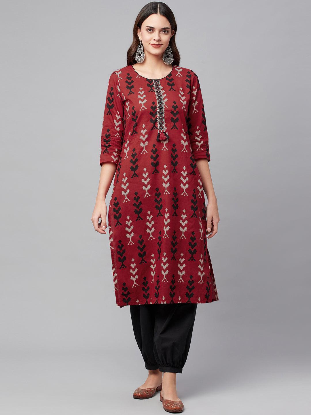  Maroon Cotton Straight Kurta Hem Cuffed Pant set -  world
